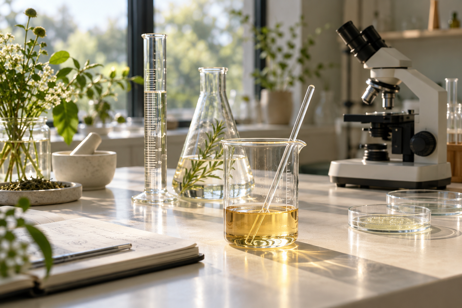 Visuel d’intention : bécher, éprouvette graduée, erlenmeyer, microscope et boîtes de Petri sur une table de travail éclairée par le jour.